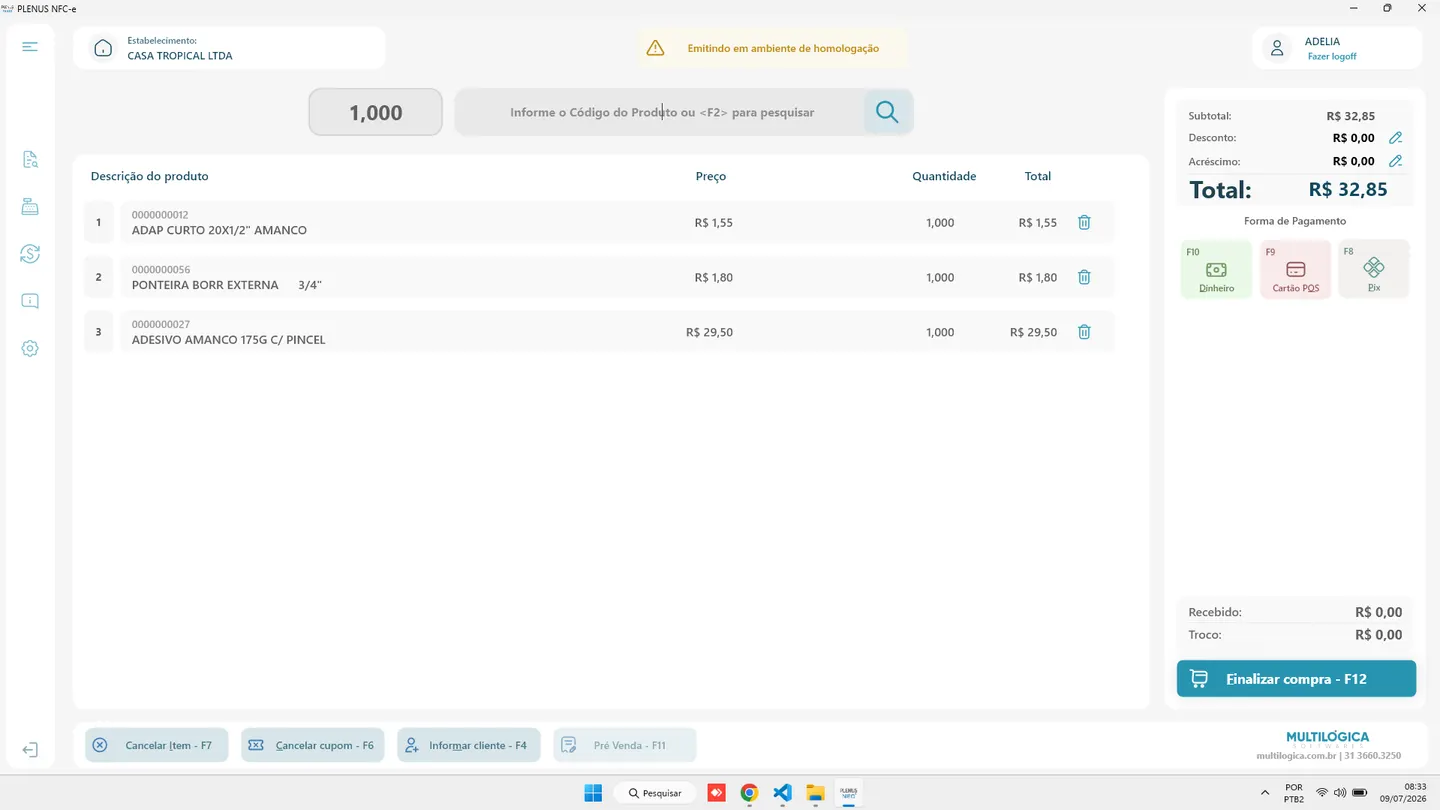 Tela de venda do Plenus NEO - sistema de PDV com emissão de NFC-e